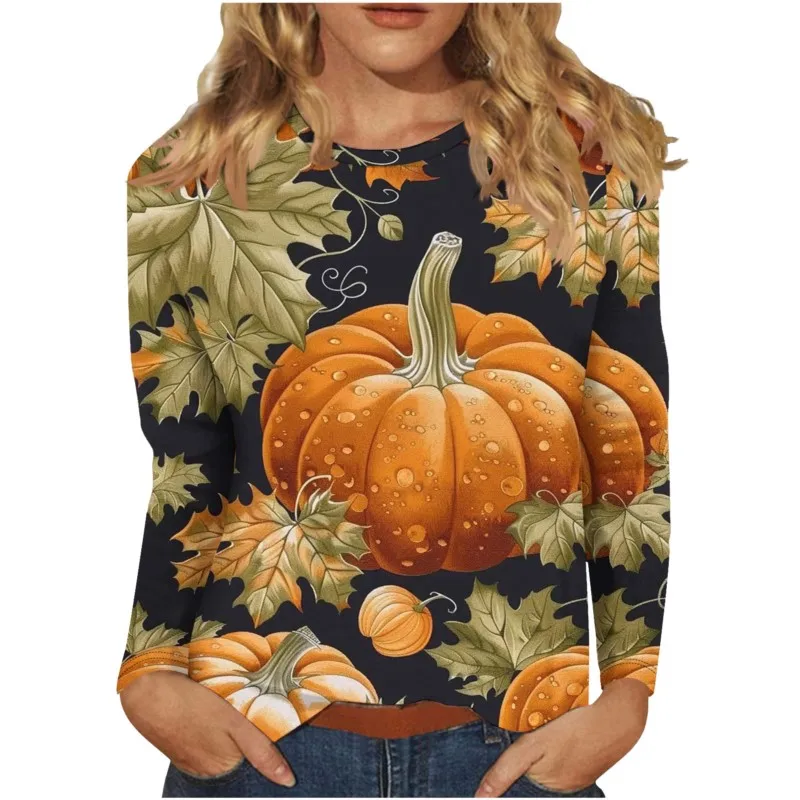 2024 New Women T-shirt Halloween Pumpkins Prints O-neck Long Sleeve Autumn And Winter Casual Funny Tops Female's Tee Shirts