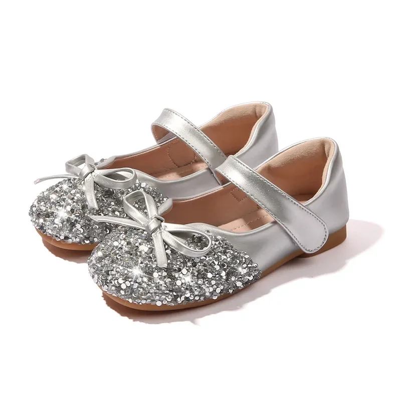 Bowknot 공주 크리스탈 신발 2025 새로운 여자 싱글 신발 반짝 이는 라인 석 신발 플랫 단독 성능 우아한 파티 신발