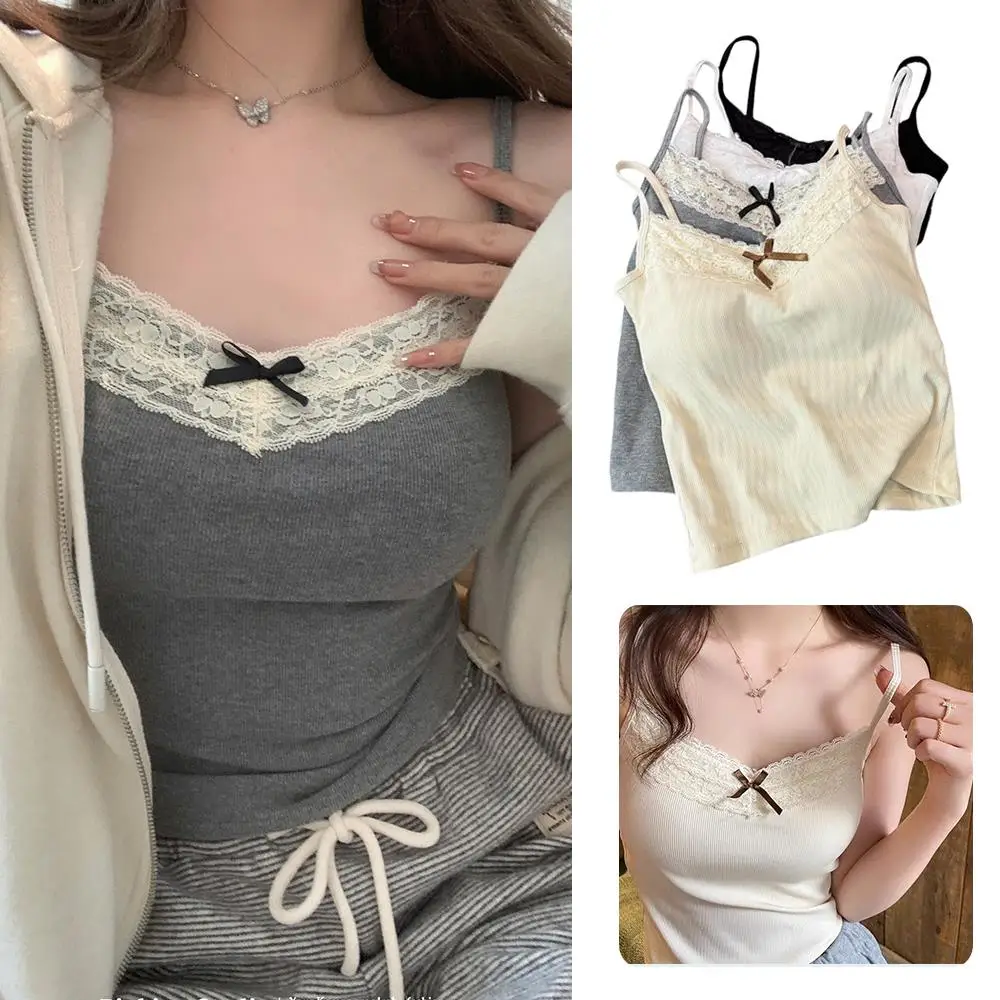 Sweet Short Tops Lace Sling Tops Knitted Crop Top Knit Wear Camisole Clothes Slim Short Bow Solid Color Sleeveless Tank Top