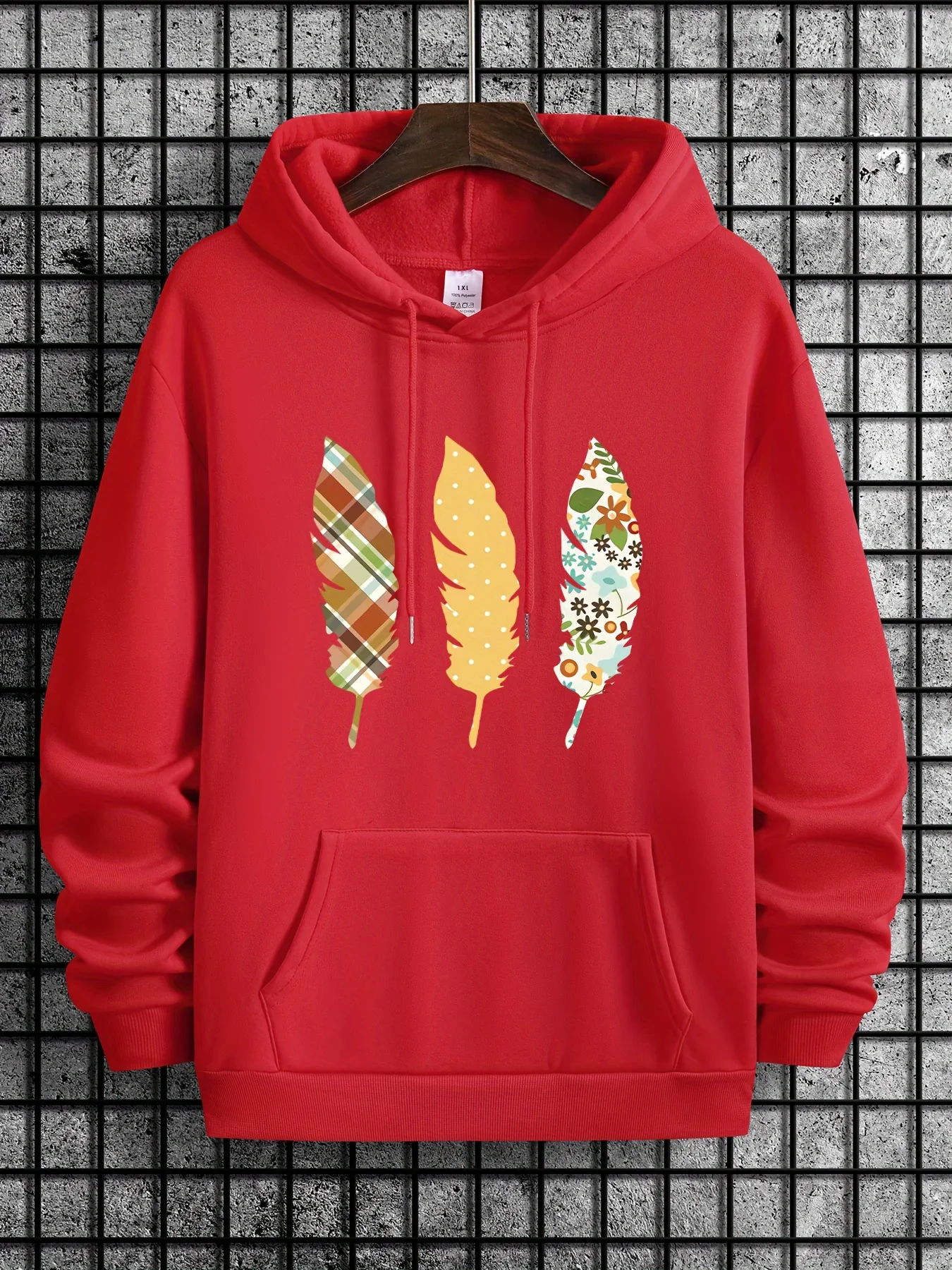 Plaid Floral Polka Dot Three Feathers Graphic Hoodie Unisex Oversized Boho Streetwear For Men Women Daily Outfit