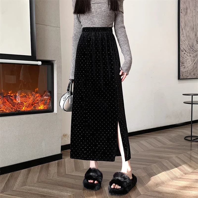 Ele Bla Velvet Polka Dot Midi Skirt Women's Autumn Winter A-Line Straight Cut Wrap Skirt Vintage Sle Long Skirt