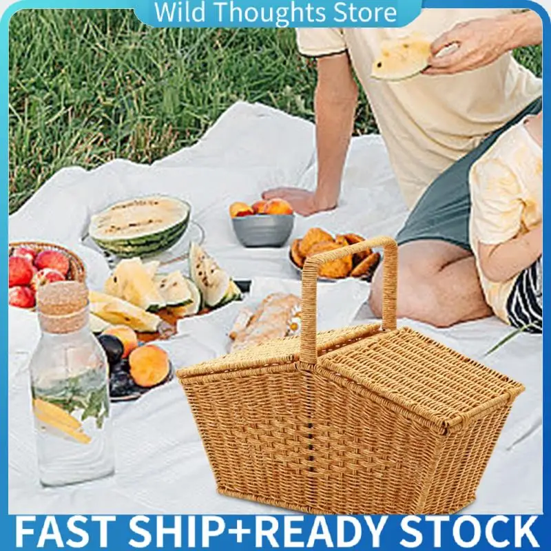 

Pastoral Style Hand Basket With Lid Imitation Rattan Woven Picnic Basket Fruit Snacks Sundries Storage Basket-[Qahk]