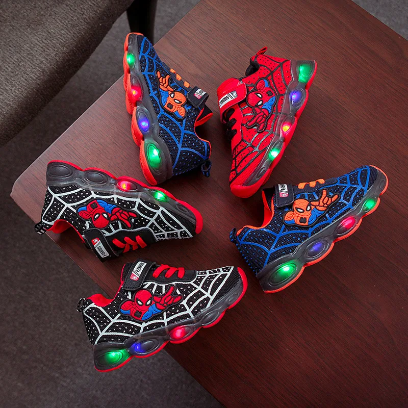 New Spiderman Led Mesh Sneakers Girls Boys Kids Luminous Glowing Sneakers Shoes for Boys Girls Lighted Led Baby Children Shoes