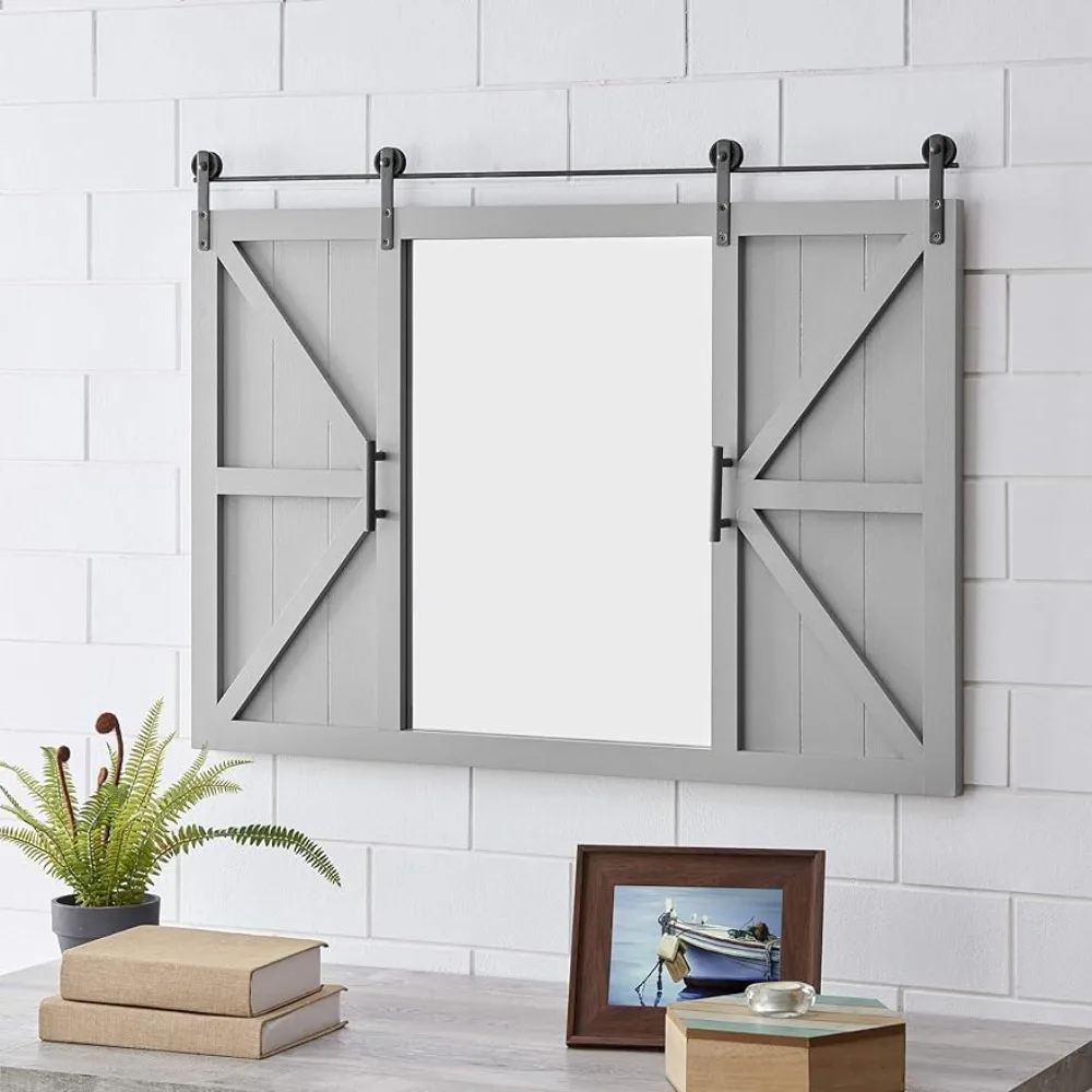 Wood Mirror 36 X 26 Inches Bathroom Mirrors Gray Barn Door Wall Mirror Farmhouse Large Vintage Decor for Bedroom Freight free