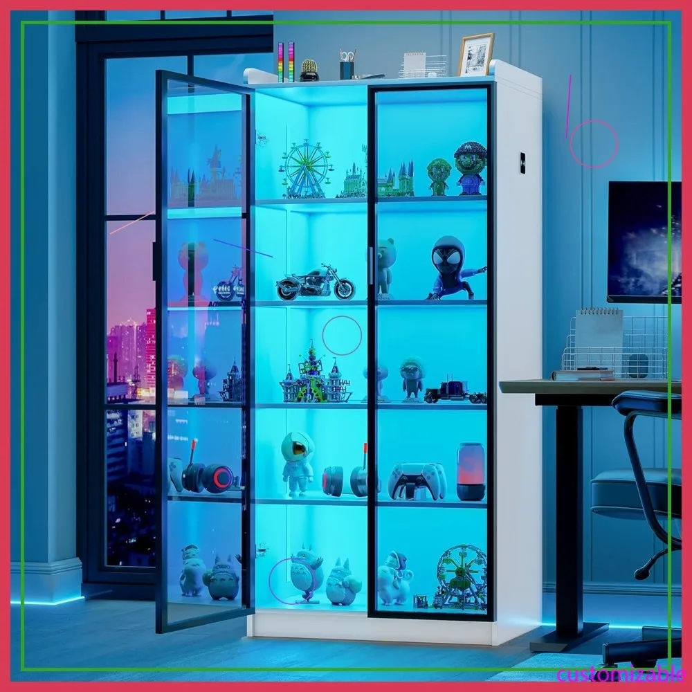 Mueble de Almacenamiento con Pantalla LED de 65 Pulgadas, con Luces, 5 Estantes Ajustables, Sensor Corporal, para Sala de Estar y Oficina (Blanco)