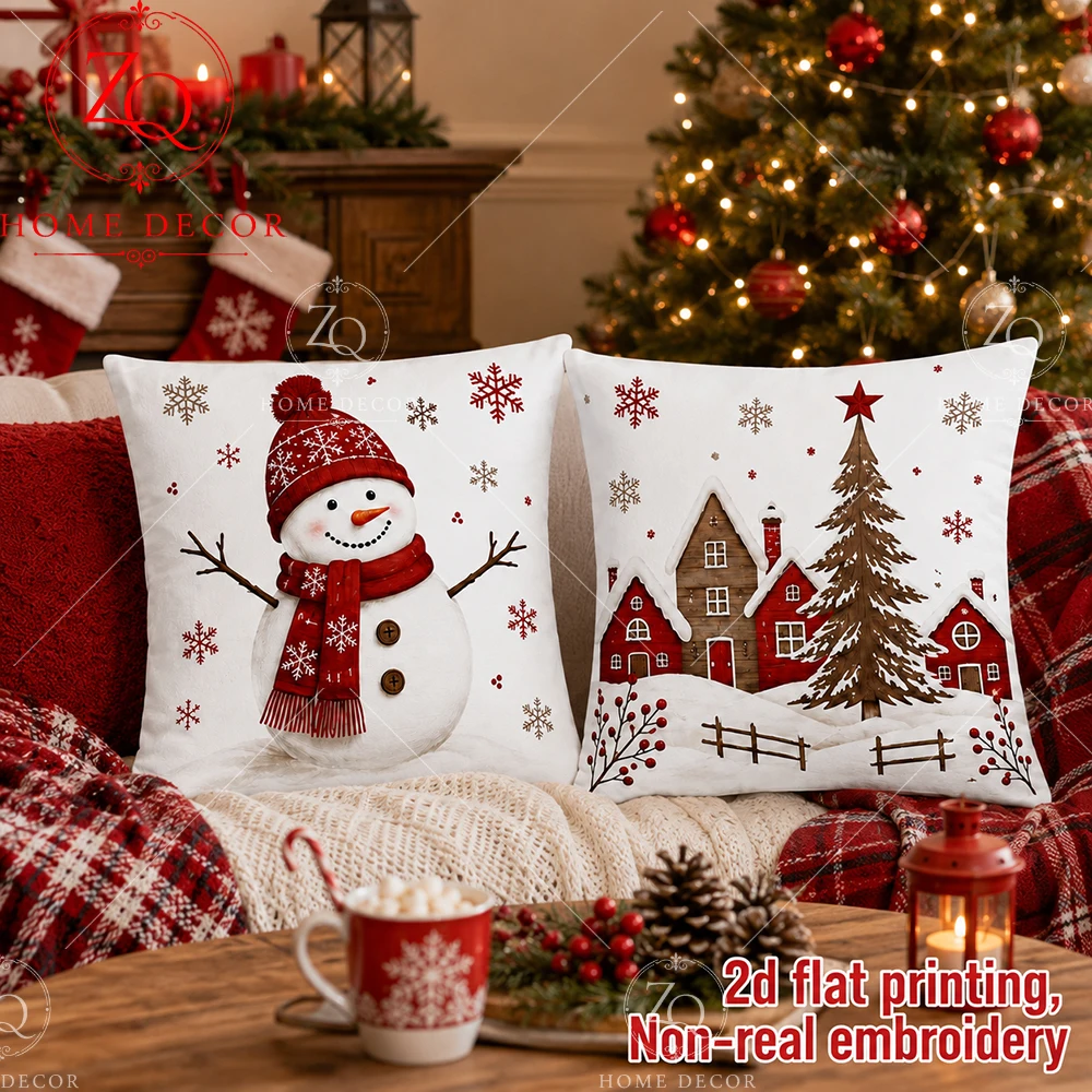 Winter Christmas Snowman Peach Skin Throw Pillow Case 2D Flat Printed Red Scarf Cushion Cover For Living Room Sofa Bed Home