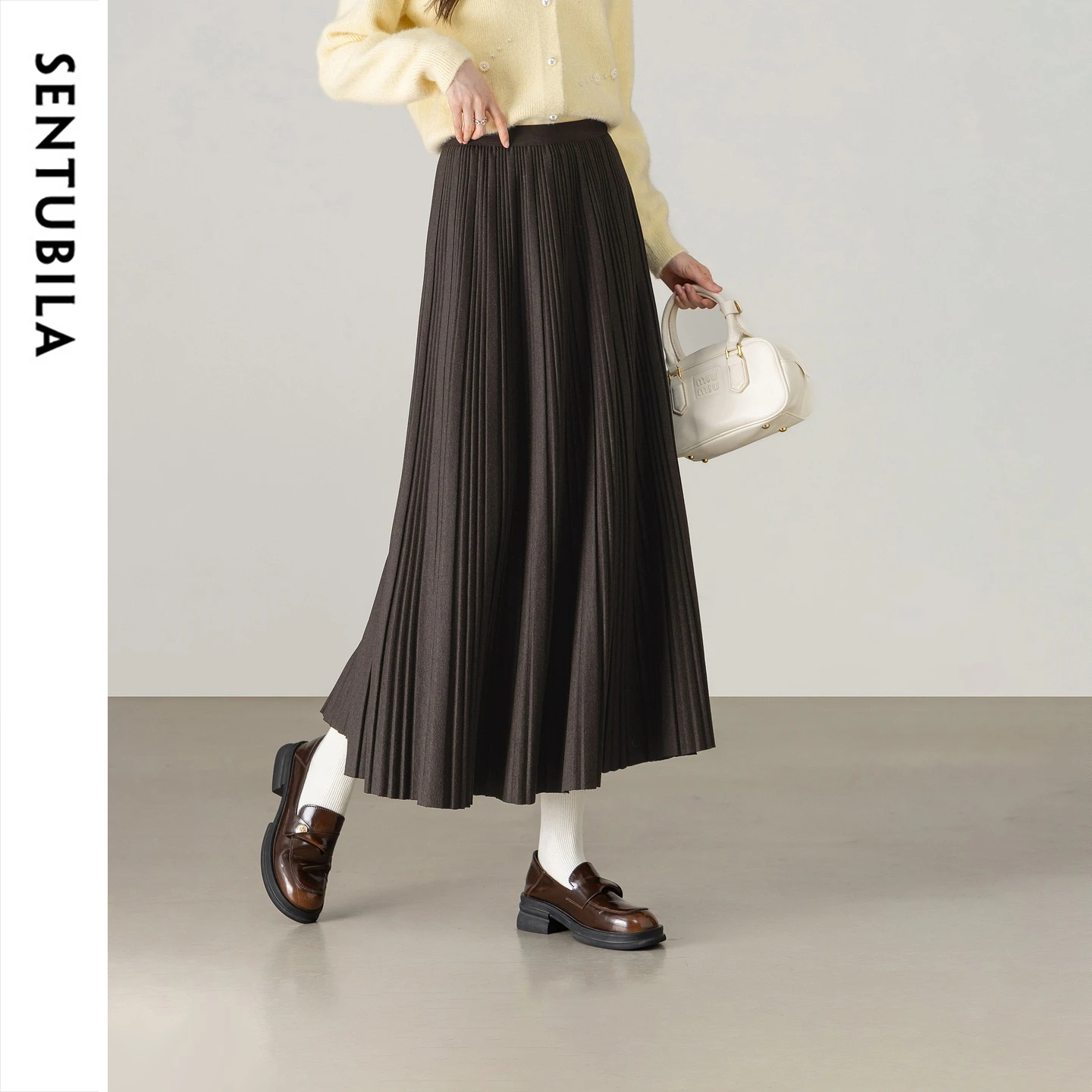 SENTUBILA Women's Pleated Skirt 2026 High Waist Elastic Winter Thick Commute Elegant Drape Ladies A Line Long Skirt W64QB9340