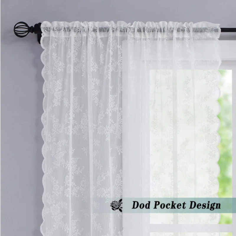 Pastoral Rose Warp Knit Lace Sheer Curtain Transparent Light Filtering Floral Voile Drape for Living Room Cottage Home Decor