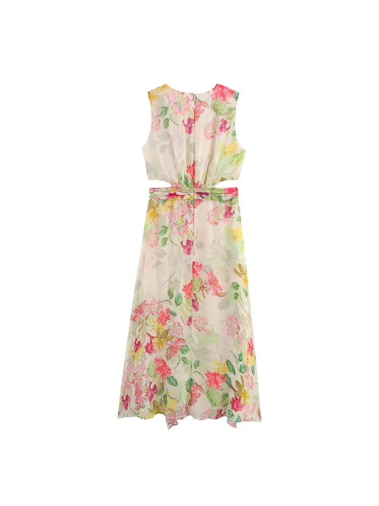 2025 Women Summer MIDI Tank Dress Fashion V-Neck Ruffles Hollow Out Chiffon Female Elegant Street Thin Dresses Clothing