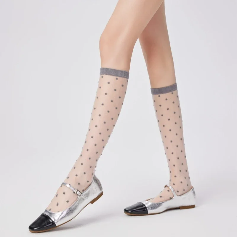 

Шелковые носки с кристаллами, женские чулки, летние ультратонкие прозрачные гольфы в горошек JK, черные, белые длинные носки для девочек, чулки