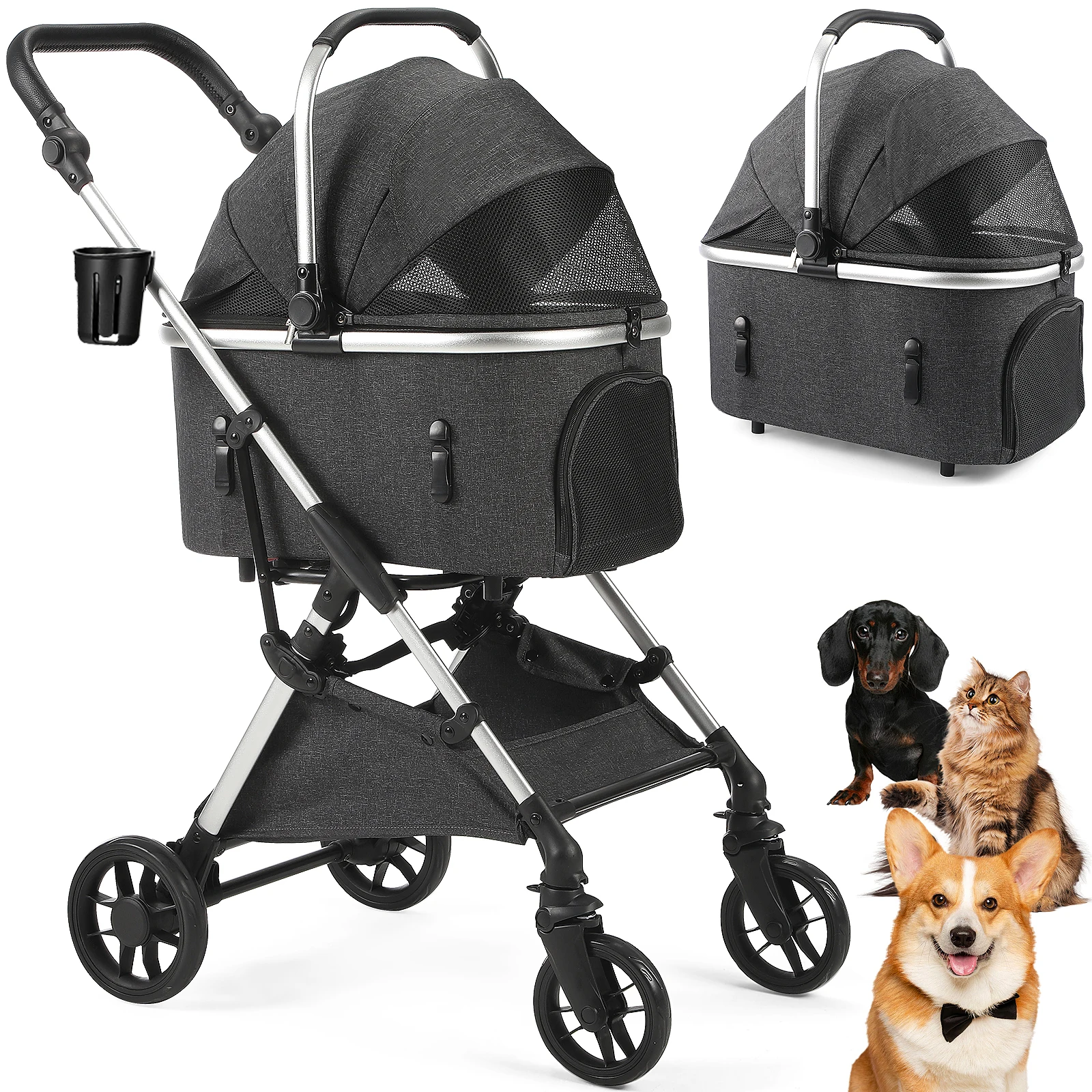 Faltbarer Kinderwagen mit Abdeckung, 4-Rad-Haustier-Kinderwagen für kleine/mittlere Hunde und Katzen mit Aufbewahrungskorb und Getränkehalter – Detail 1