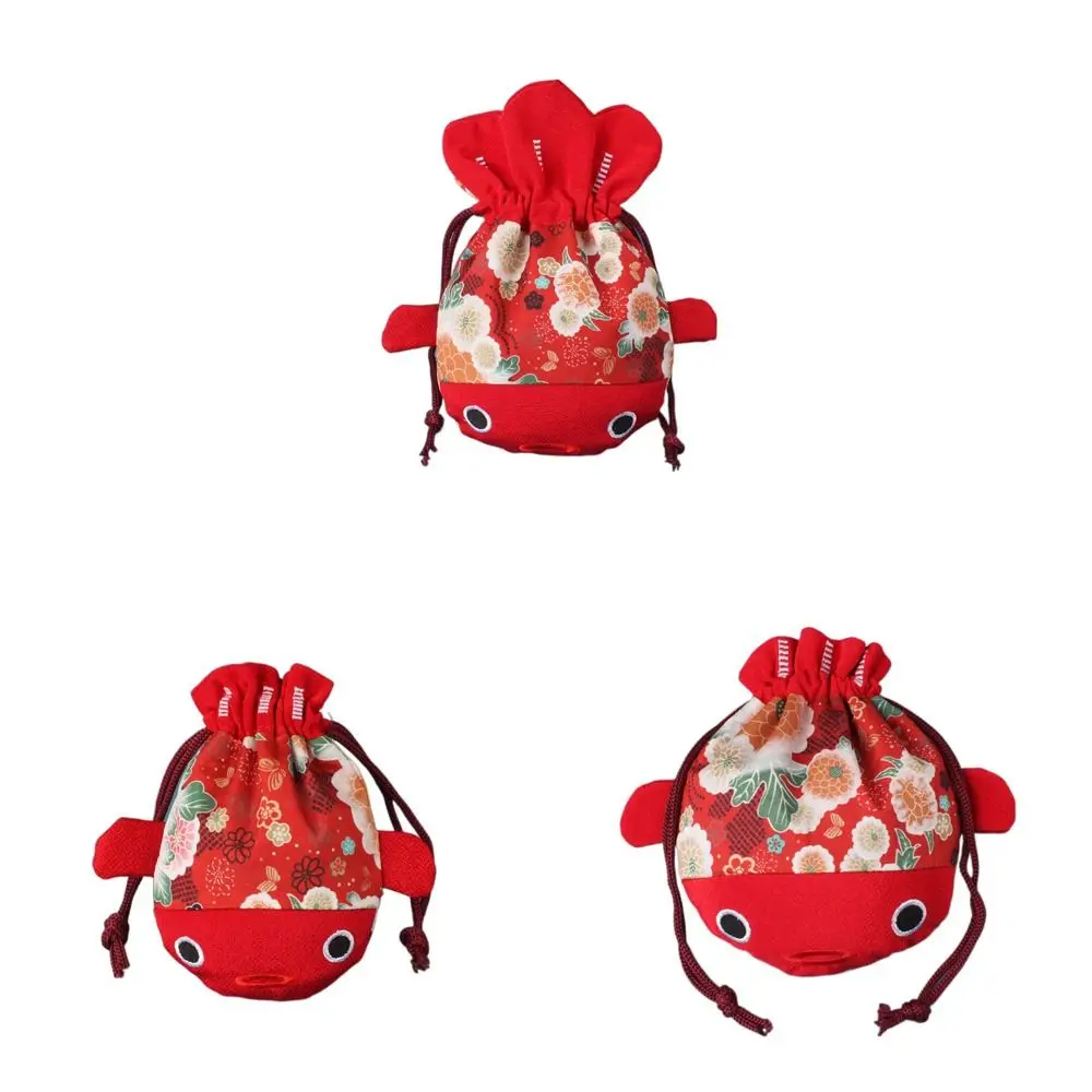 Cartoon Animal Canvas Flower Drawstring Bag Red Color Bag New Year Gold Fish Shape Handbag Coin Purse Korean Style