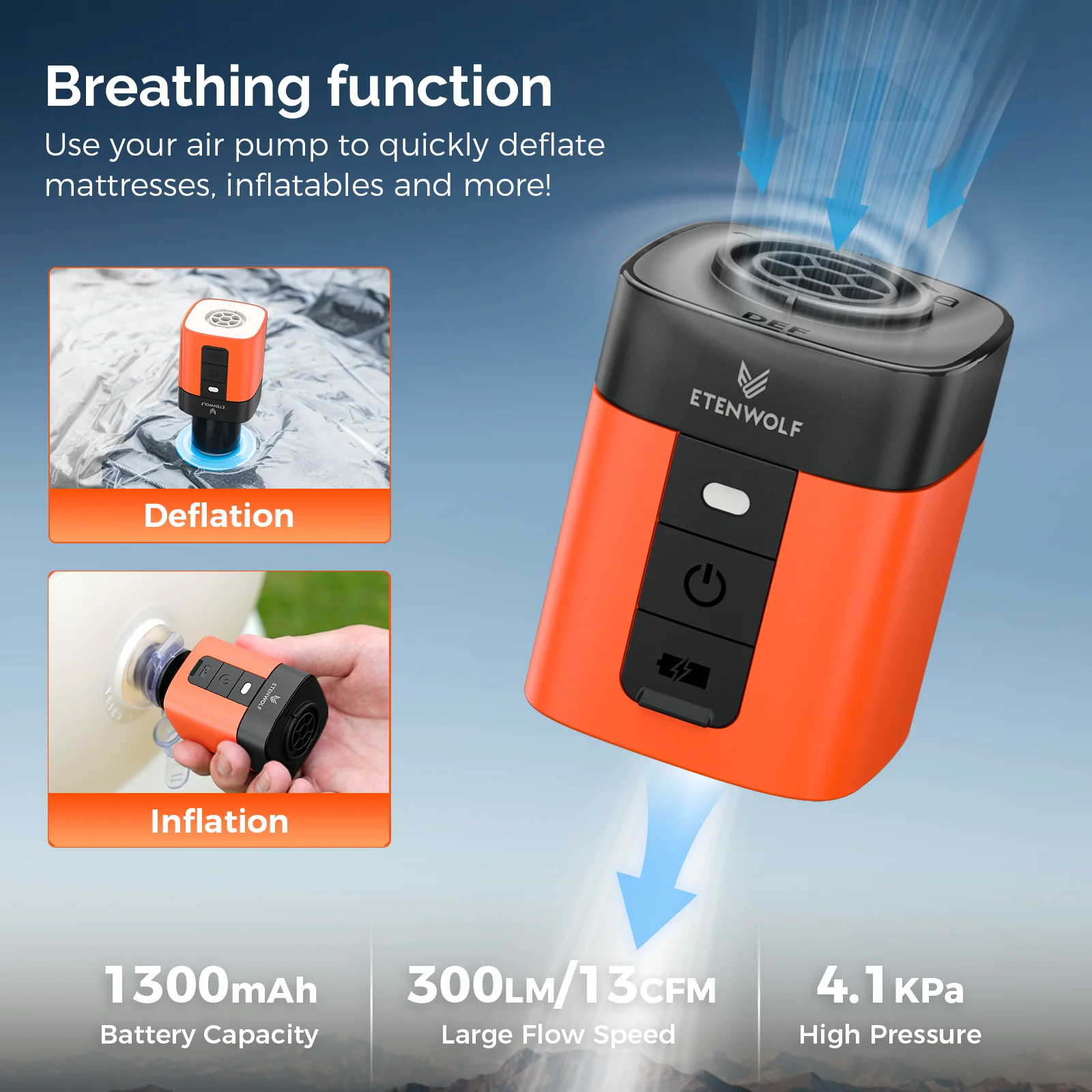 ETENWOLF AIR 3SE Electric Air Pump 1300mAh Camping Light Outdoor Pump for Air Mattress Pool Floats Sleeping Pads