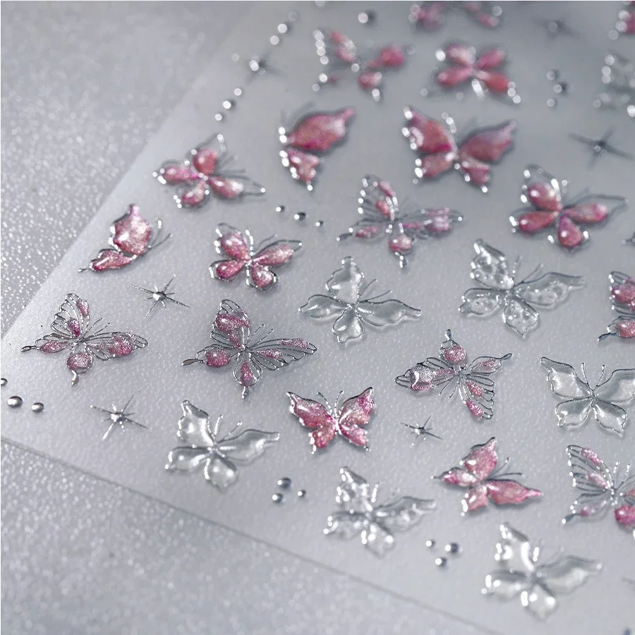 Glänzende rosa klare Silberprägung Schmetterling Sterne 3D Gelee selbstklebende Nail Art Aufkleber polarisierte Maniküre Aufkleber Großhandel