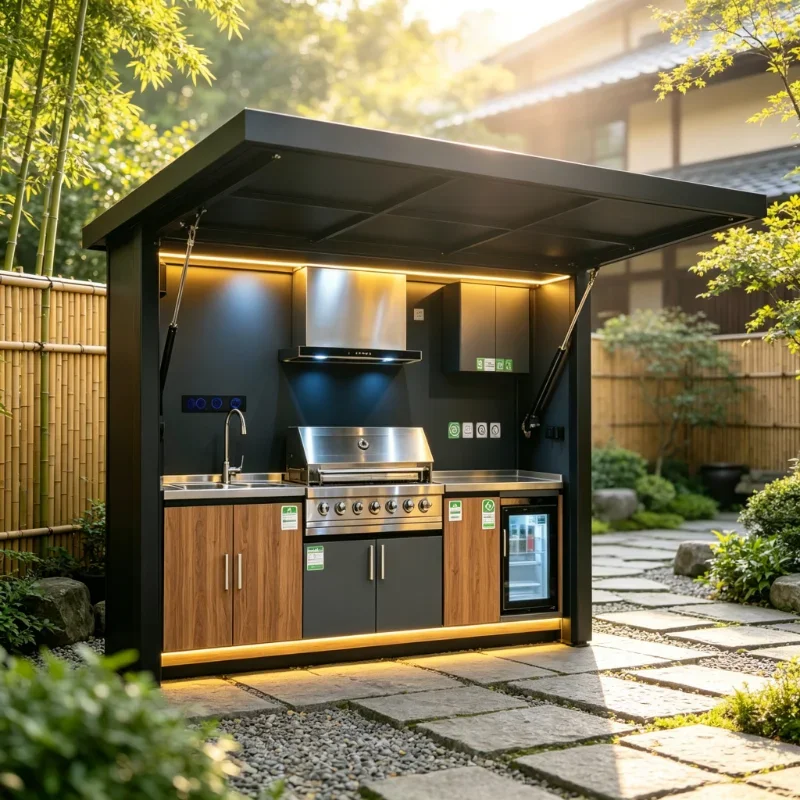 Modern Integrated Stainless Steel Kitchen Station Custom Outdoor BBQ Pizza Oven Unit with Waterproof Windproof Pergola for Patio
