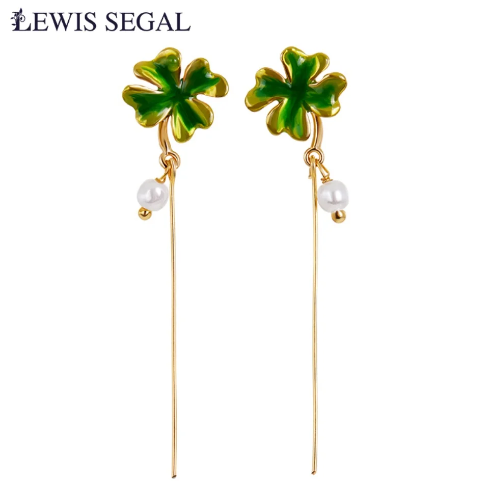 

LEWIS SEGAL Enamel Lucky Four-leaf Clover Earrings for Women Girls 18K Gold Tassel Drop Earrings Fine Jewelry Valentine Gift