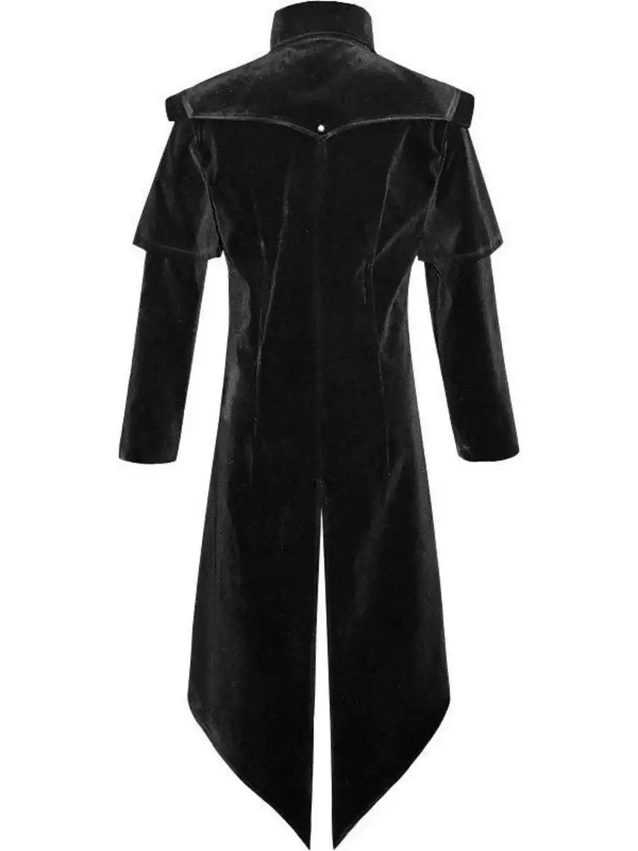 Gotische lange jas met opstaande kraag, geschikt voor podiumoptredens, herenmode, formele kleding, polyester, herfst.