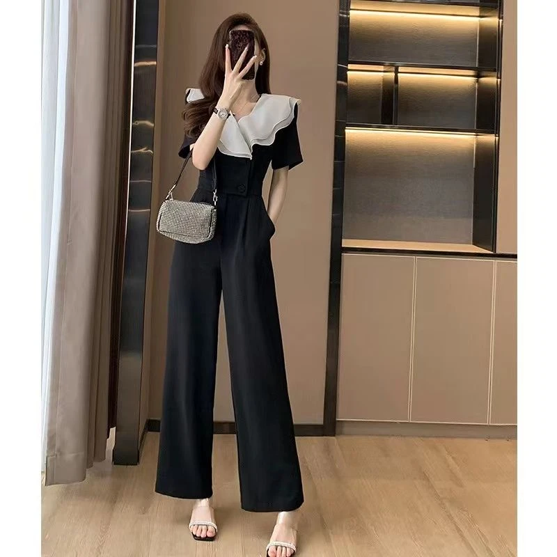 

2025 Summer Women High Waisted Ruffles Collar Short Sleeve High Waisted Black Chiffon Overalls , Woman Slim Wide Leg Jumpsuits