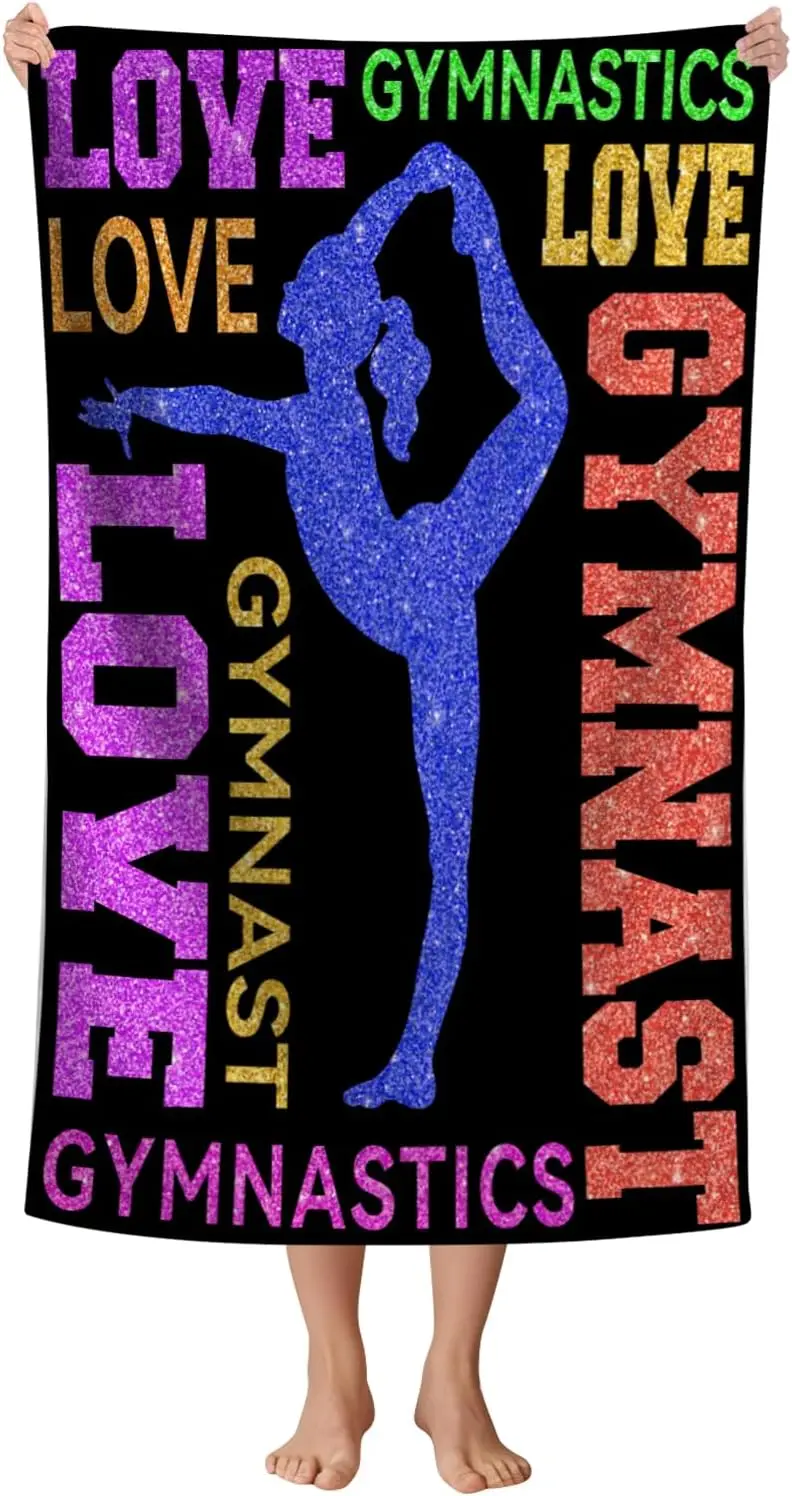 

Gymnastics Beach Towel, Colorful Love Gymnast on Black Design Quick-Dry Absorbent Bath Towel for Girls, Yoga and Pool