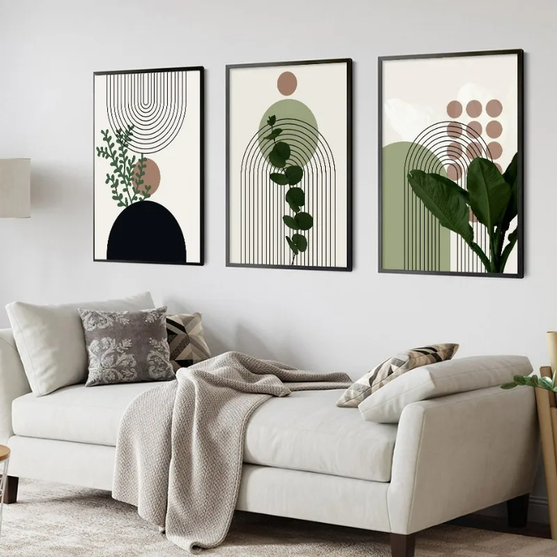 3 Pieces Bohemian Light Frameless Canvas Painting Simple Green Leaves Plant Poster Simple Lines Bedroom Decorative Wall Art
