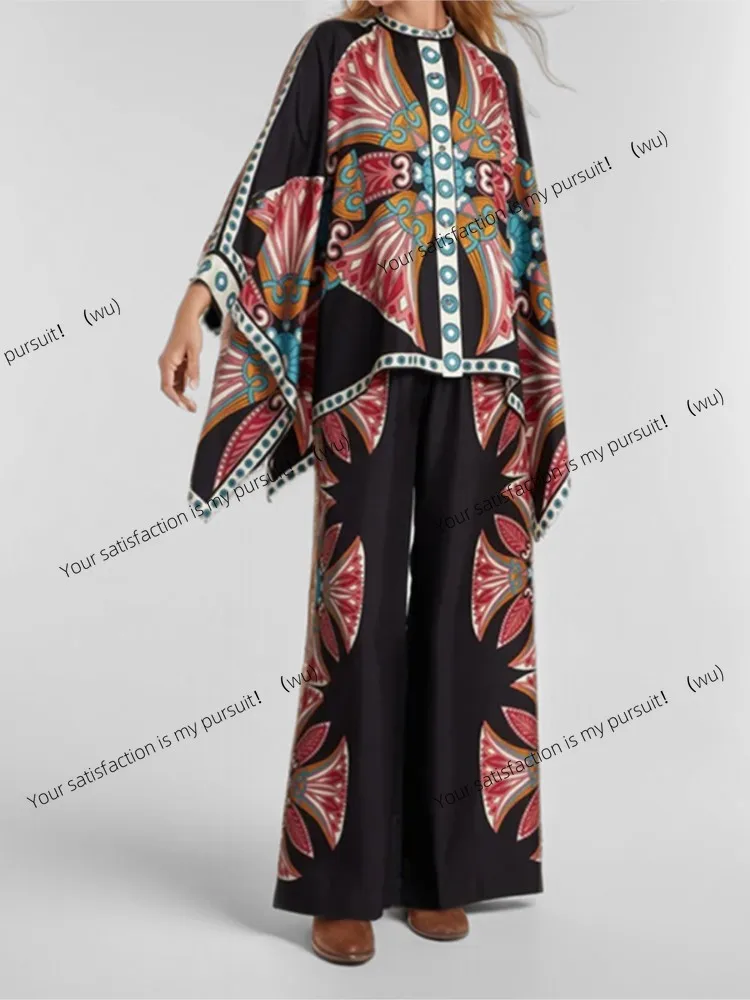 ZOCI-Women's Fashion Pants Set, Printed Long Sleeve Loose Shirt, Wide Leg Pants, Two-piece Set, Women's Trend Streetwear