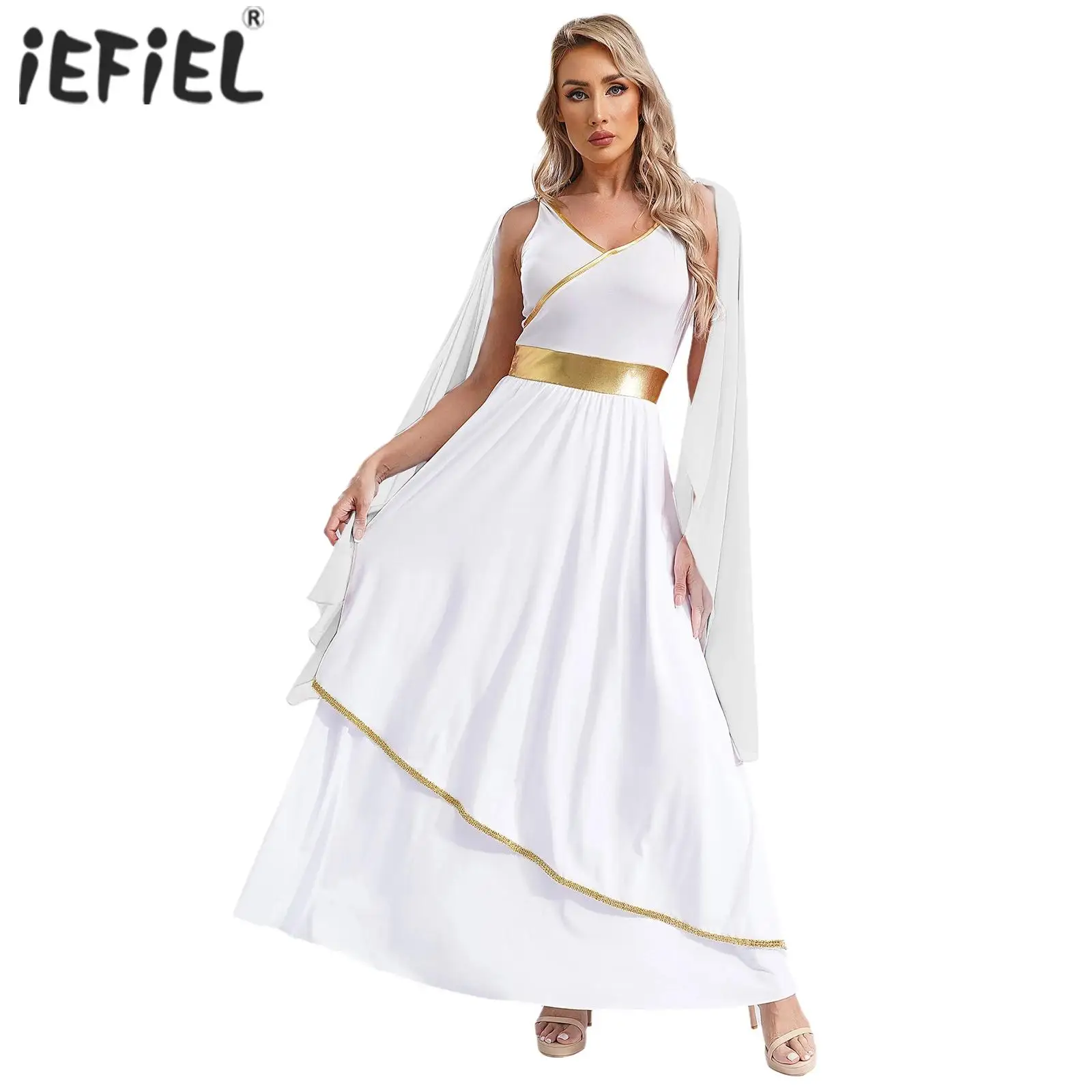 

Womens Ancient Greek Costumes Halloween Beauty Cosplay Dress V Neck Sleeveless Gold Trims Toga Greece Roman Queen Party Dress Up