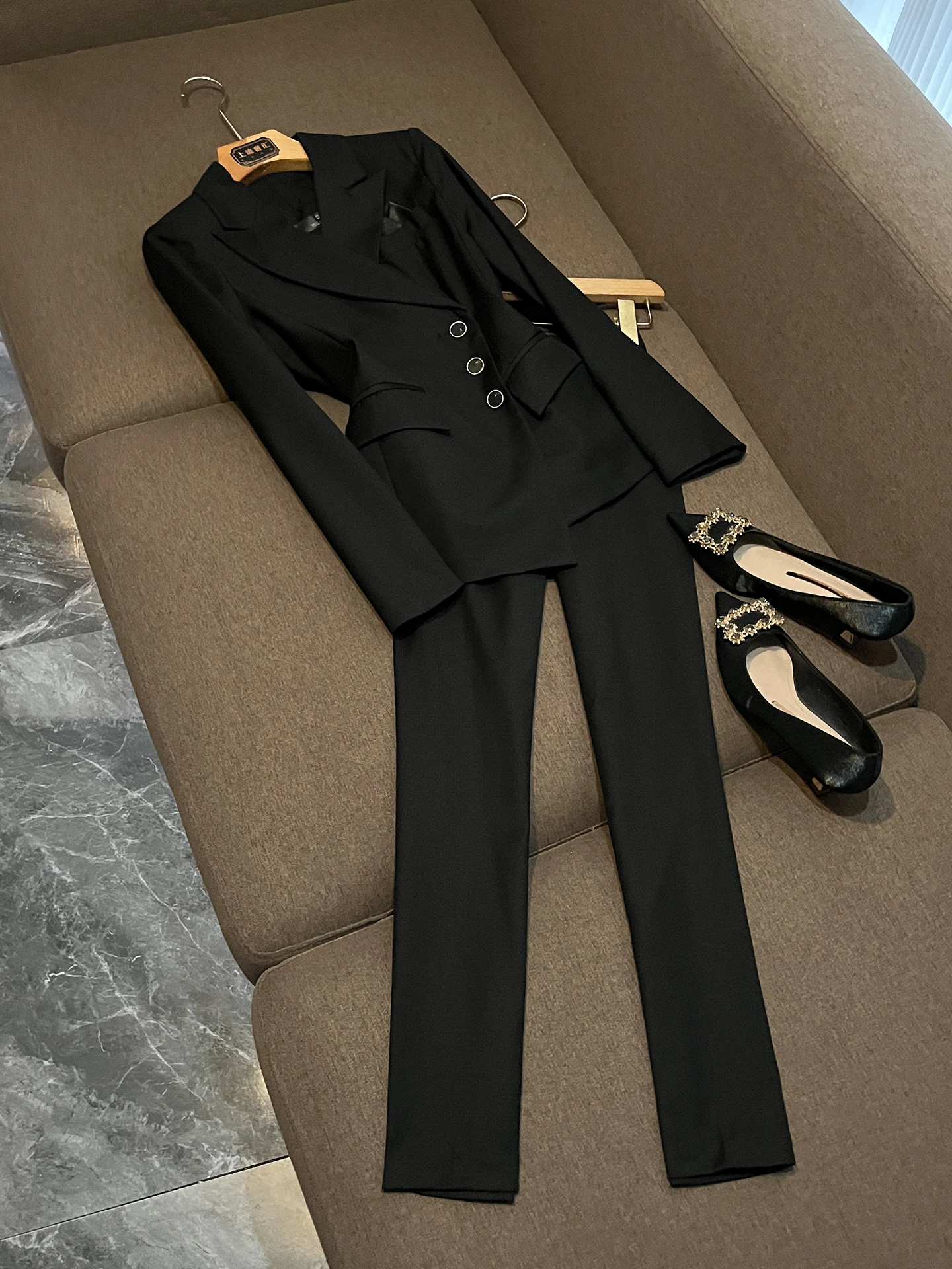 Black Slim Fit Suit Set for Women Commute to Work High Waist Long Pants Button up Casual Fashion Three Piece Set Summer 2026
