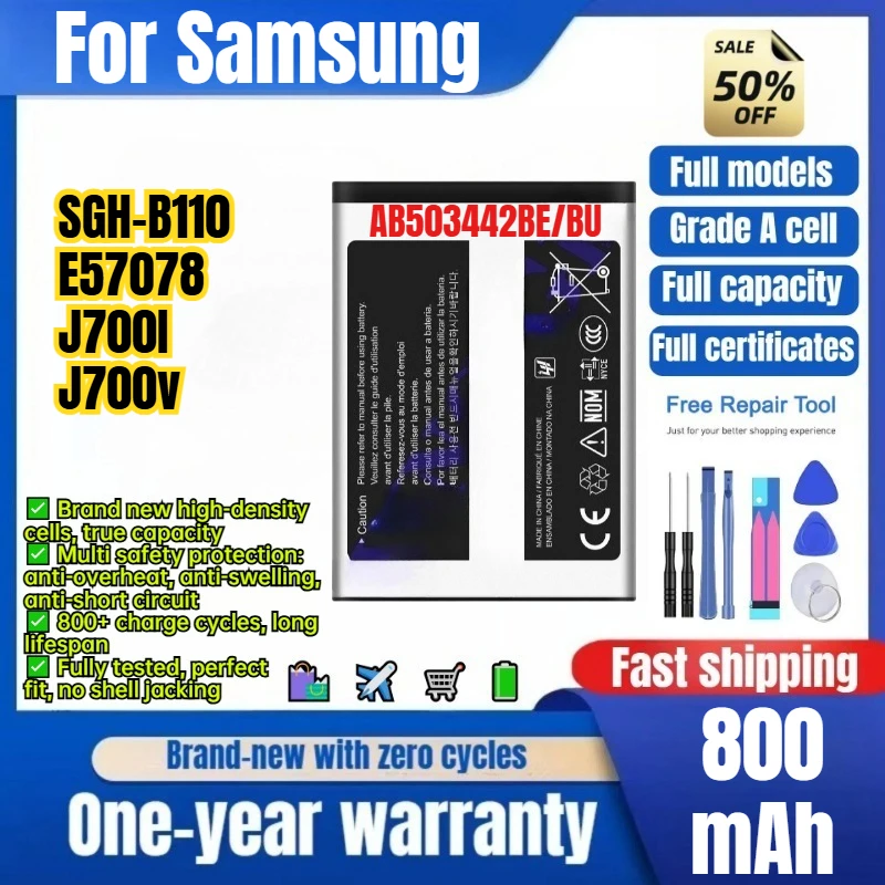 AB503442BE/BU for Samsung SGH-B110/E57078/J700I/J700v Phone Battery 0 Cycle High Capacity Battery Replacement Bateria with Tools