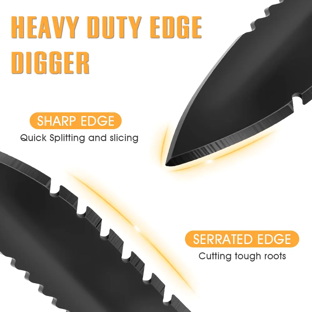 Przenośna składana łopata z podwójnym ostrzem ząbkowanym, narzędzie do kopania w ogrodzie, na kemping, wędrówki, podróże i do prac ogrodniczych na świeżym powietrzu.