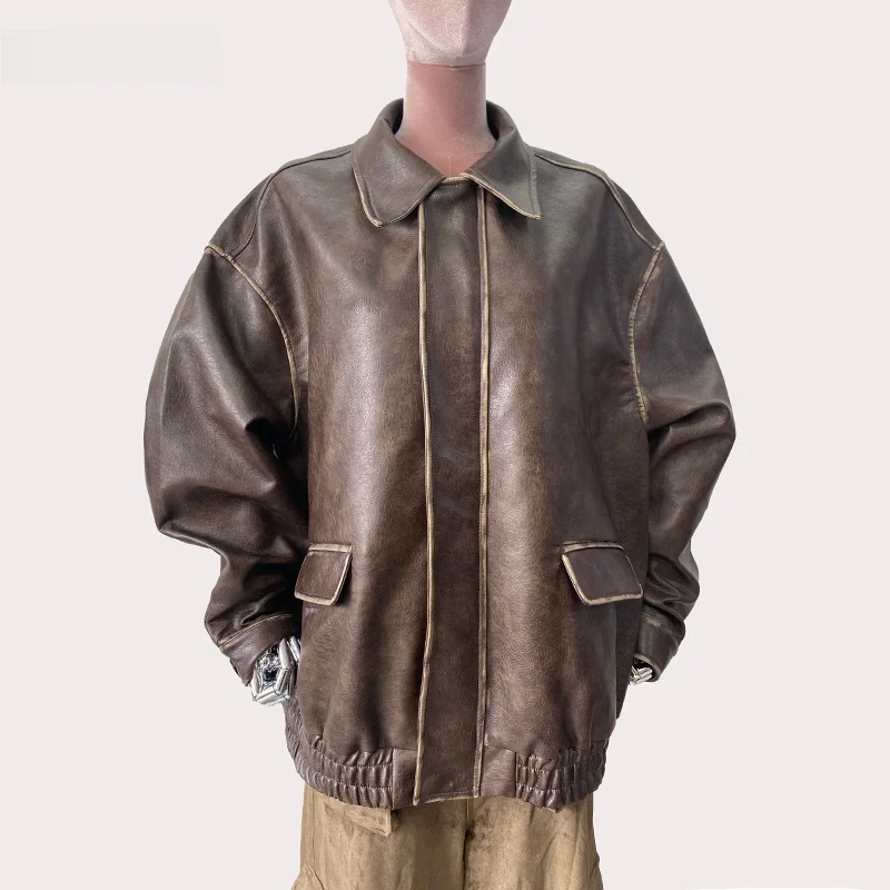 Nerazzurri Oversize Brown PU Leather Jacket Women's Vintage Washed Color Rubbing Street Style Long Sleeve Zipper Coat