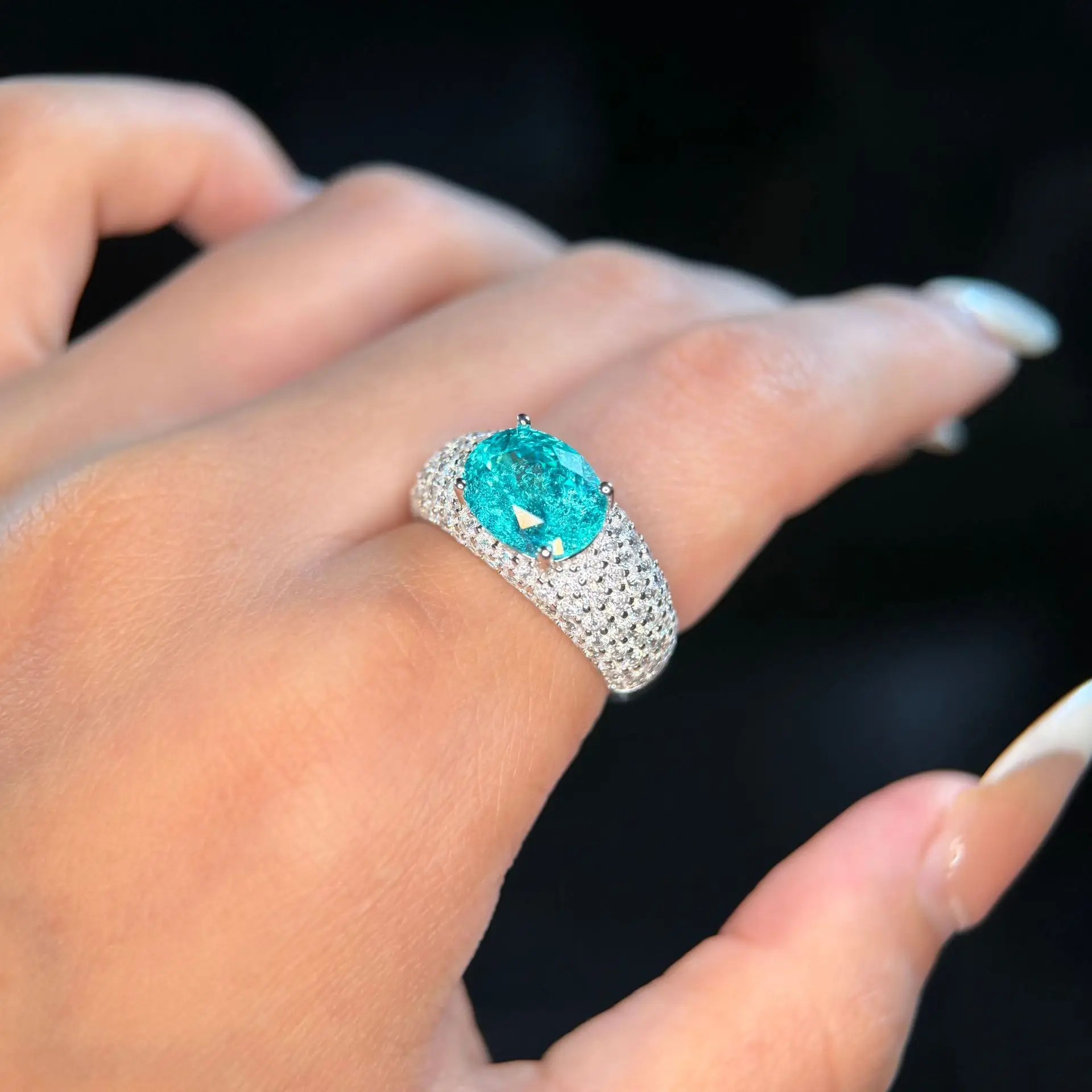 Lab-Grown Paraiba 8*10mm Statement Ring Fine Jewelry 925 Sterling Silver Engagement Daily Gala Luxury Gift For Men And Women