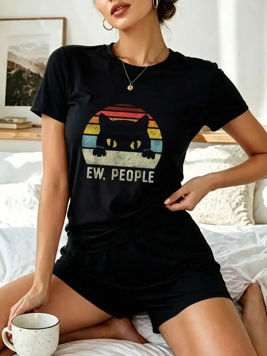 

Womens Black Cat Print Short Sleeve Loungewear Set Soft Comfortable Sleepwear Pajama Shorts Top