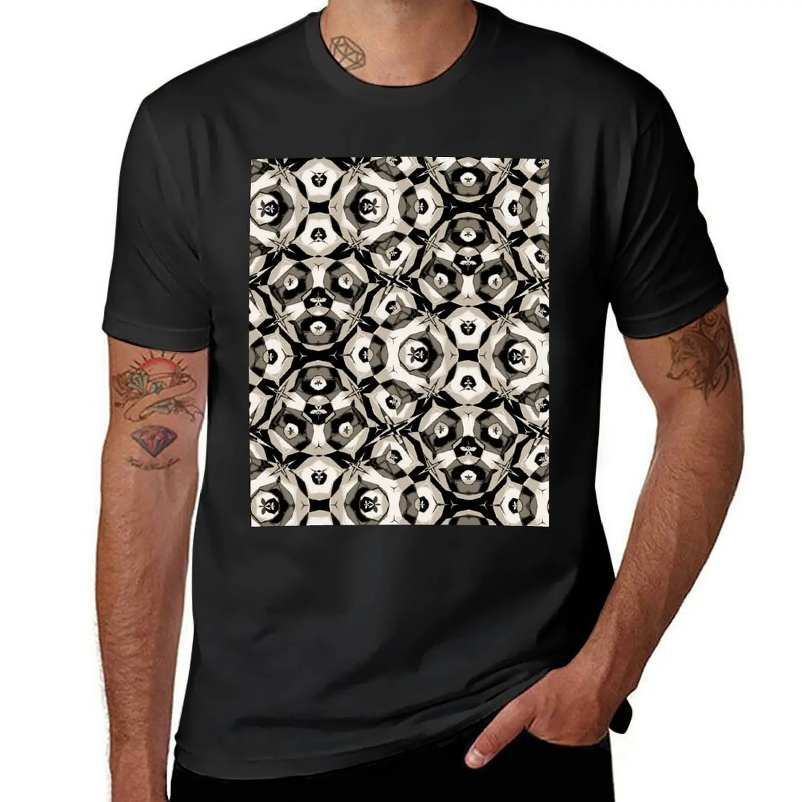 Geometric Abstract Damask in Beige And Black T-Shirt kawaii clothes heavyweights clothes for men