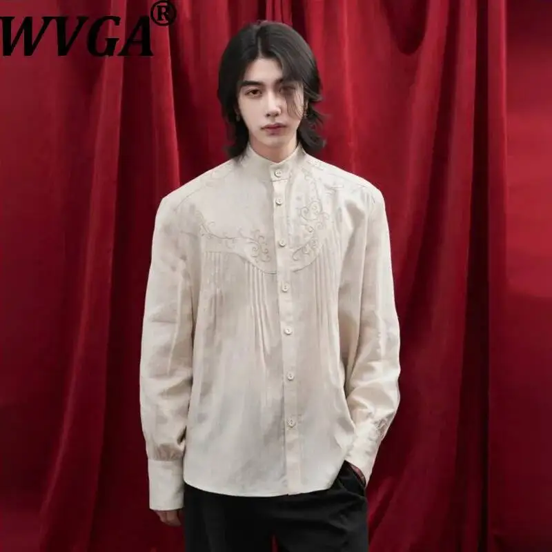 

WVGA Spring New Men Original Heavy Embroidery Trendy Pleated Lantern Sleeve Shirt Niche Chic Casual Stand Collar Tops Ins W24802