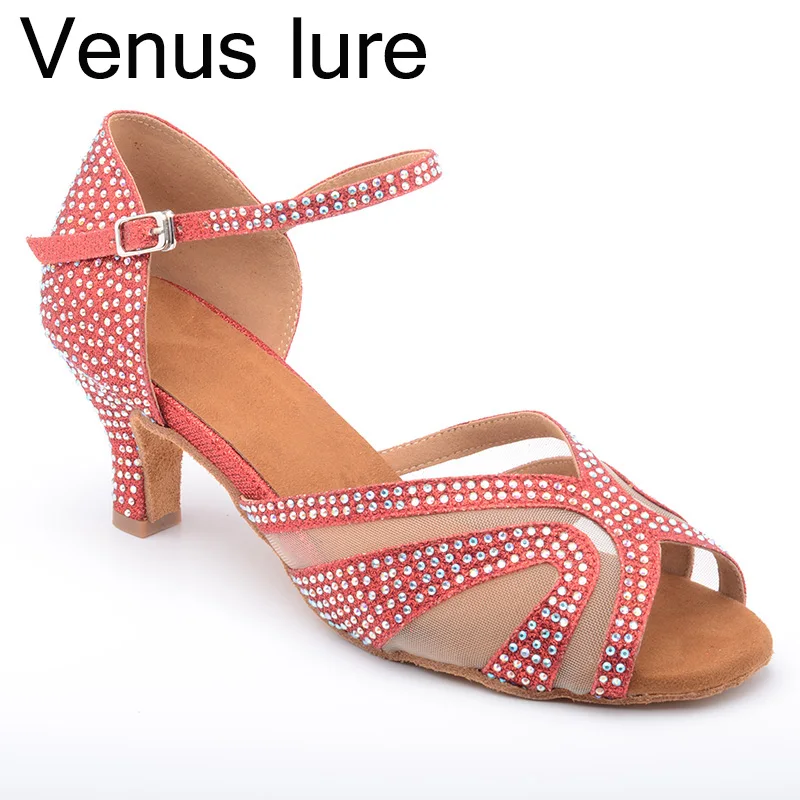 Venus lure Rhinestone Dance Shoes Red Glitter 6.3CM Heel Women Dancing Sandals Customized