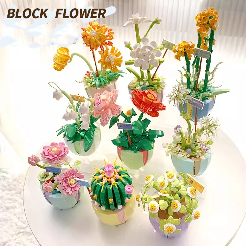 Plant Potted Building Block Bouquet 3D Model Toy Home Decoration Rose Flower Assembly Brick Girl Girlfriend Toy Birthday Gift