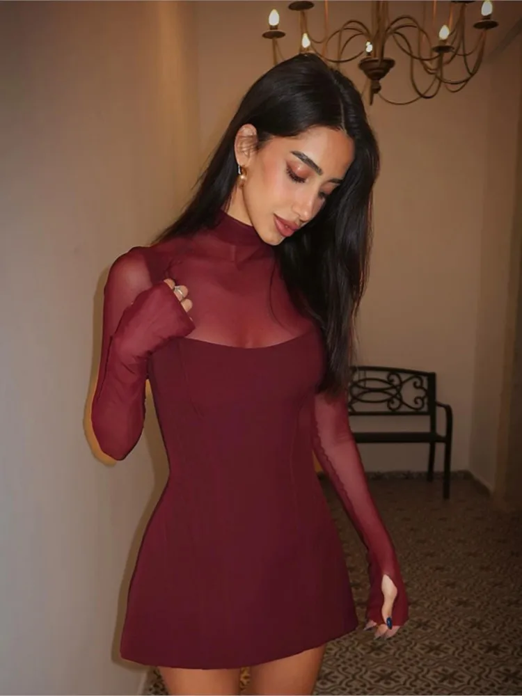 Novo outono sexy feminino malha pura retalhos manga longa mini vestido, elegante festa clube bodycon vestidos, y2k saindo vestidos