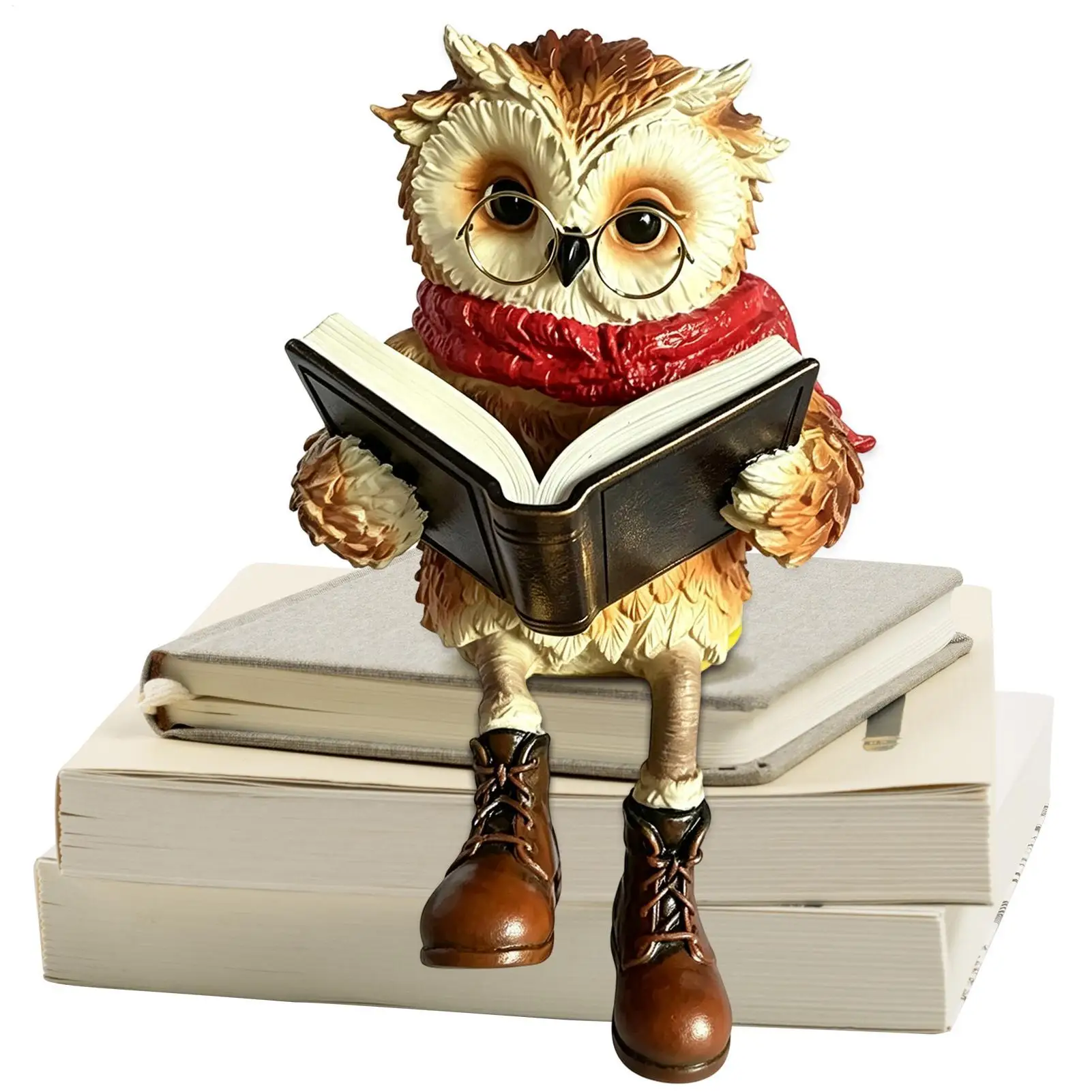Reading Owl Figurine with Book Round Glasses Vintage Rustic Shelf Sitter, Whimsical Dangle Legs Resin Shelf Sitter