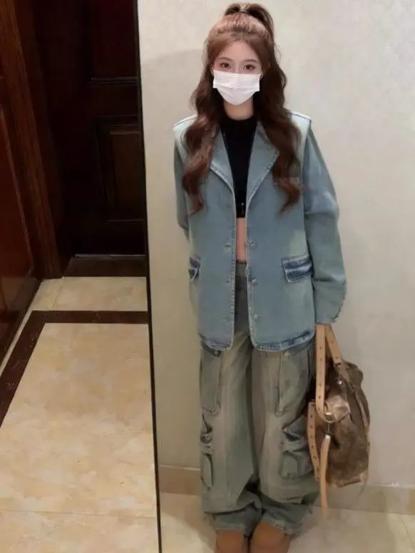 American Vintage Denim Jacket Women Spring/autumn High Street Trendy Brand Washed Distressed Loose Fashion Suit Collar Jacket