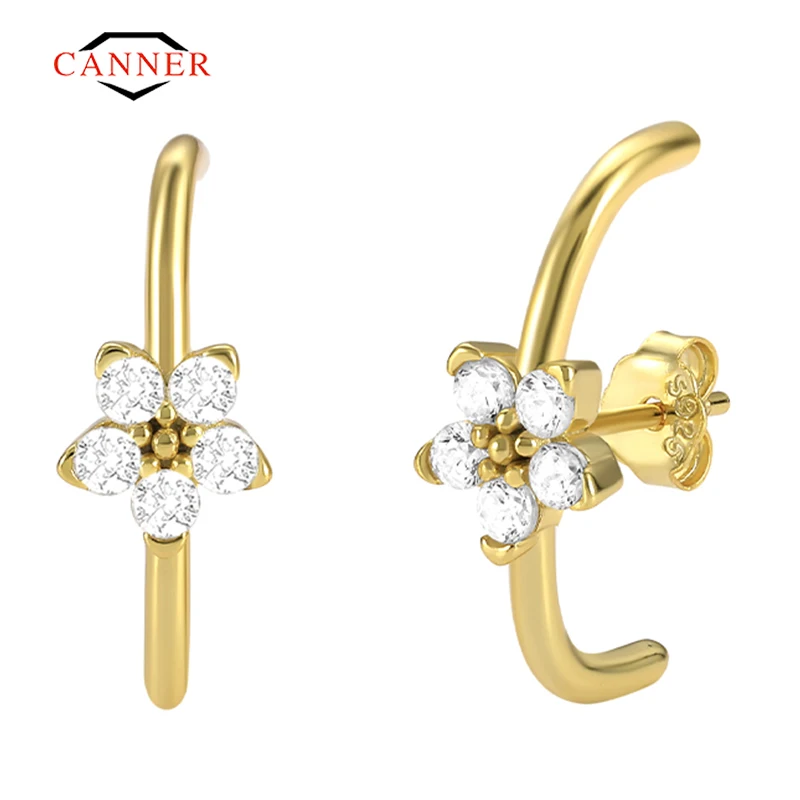 CANNER Bạc 925 Mạ Vàng 18K Zircon Màu Trắng Xuyên Bông Tai Nữ Bao Quanh Earlobe Trang Sức Pendientes