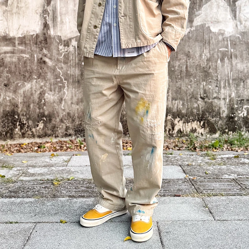 

Мужские повседневные брюки-чинос в стиле ретро с пэчворком, тонкие, прямого кроя, из хлопка, рабочие брюки-карго, японский стиль, с низкой посадкой