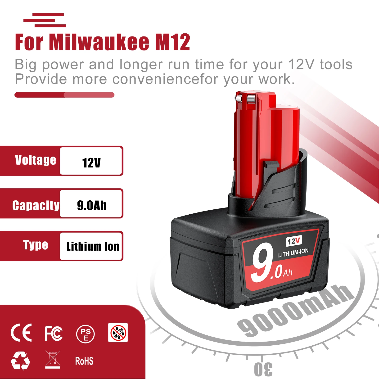 9000mAh Battery For Milwaukee M12 Lithium 12V M12B2 M12 XC 48-11-2430 48-11-241148-11-2401 MIL-12A-LI Tool Rechargeable Battery