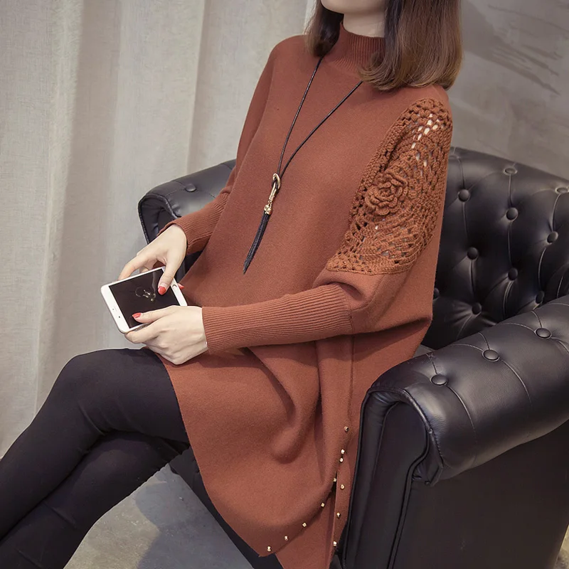 2023 Autumn And Winter New Loose Sweater Coat Women\'s Half-high Collar Pullover Wrap Swing Beading