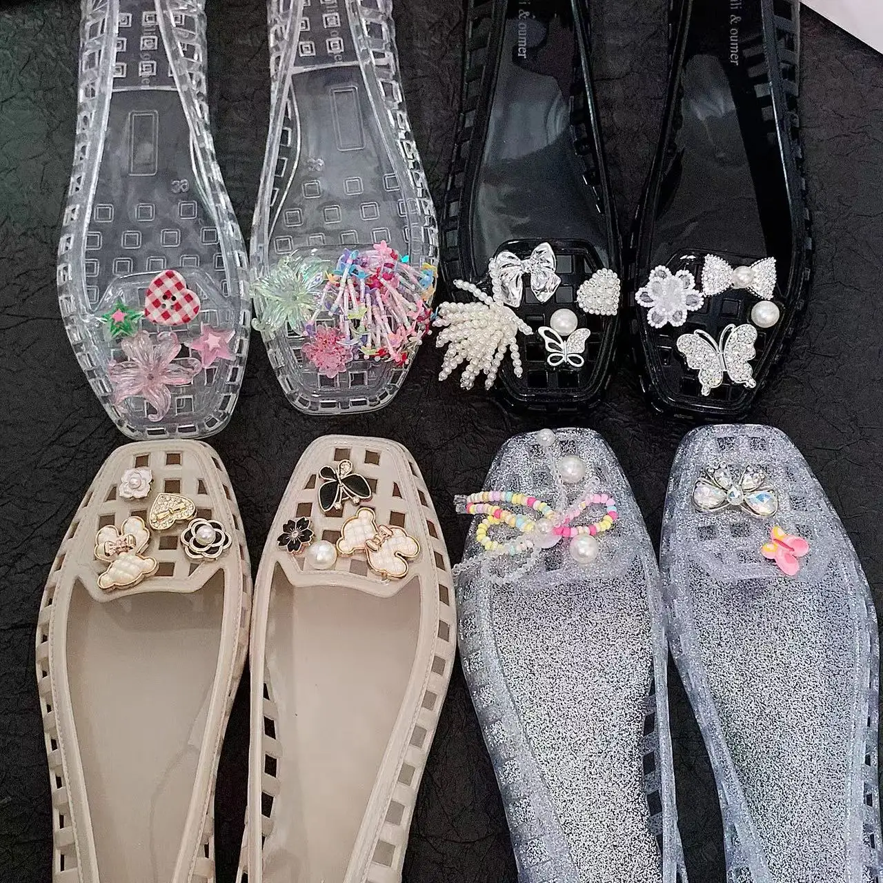 Jelly Shoes and Slippers for Women, New Summer Style, Square-Toed Women's Shoes, Colorful Bead Bow Set Accessories, Crystal Clogs, Sandals, Jelly Shoes