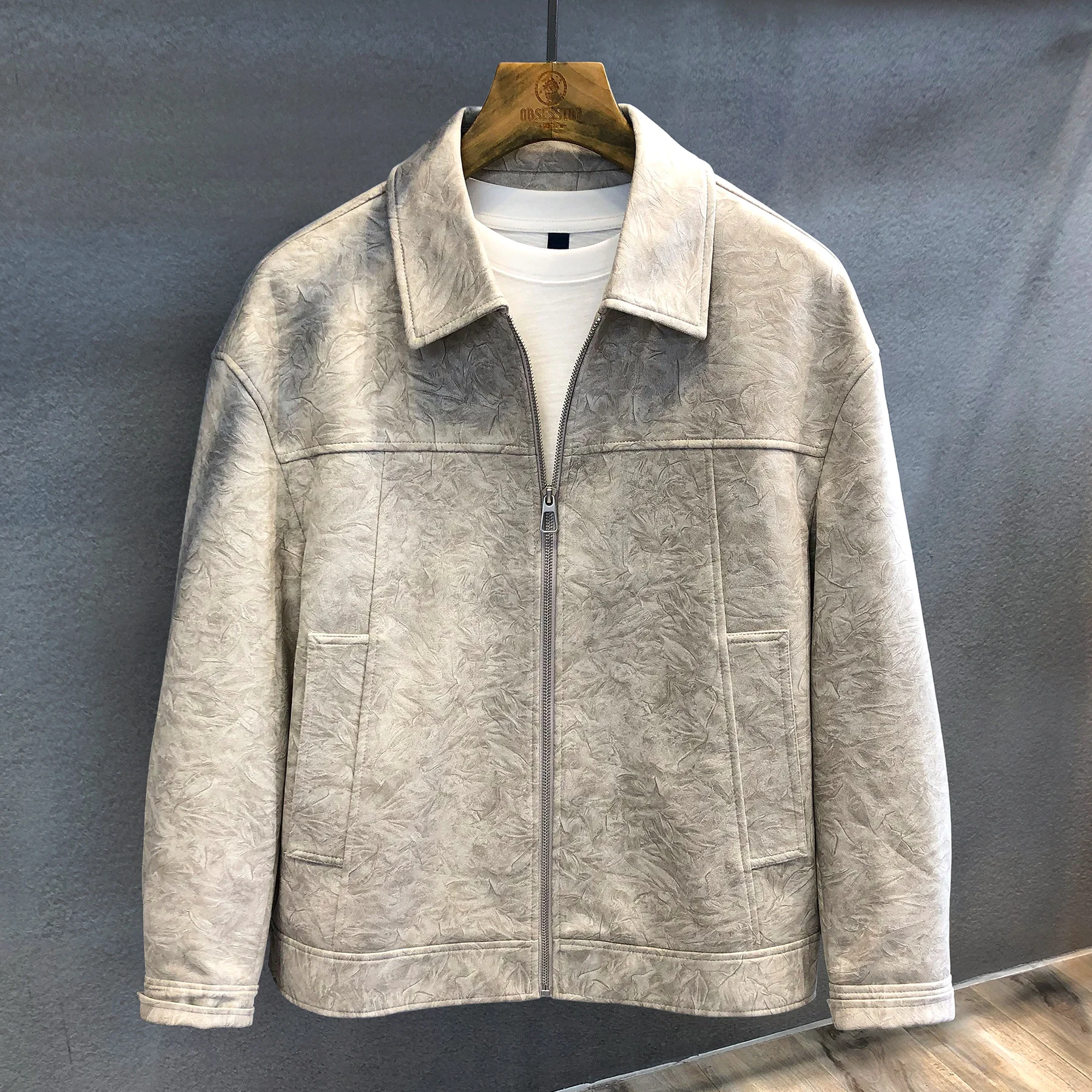 

High-End Ice Pattern Roller-Dyed Designer Streetwear Leather Jacket for Men Autumn New Style Bad-Boy Chic Biker Jacket