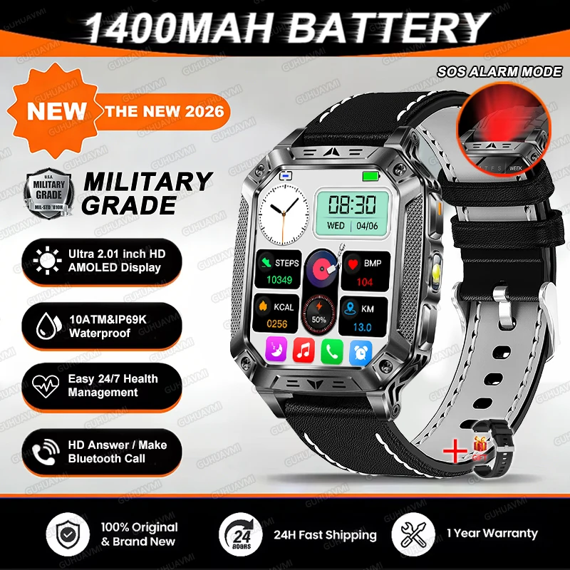 2026 TANK Nieuwe 1400mAh Militaire GPS Smart Watch Mannen 2.01 "AMOLED Scherm 10ATM Waterdichte Klok SOS Oproep Zaklamp Smartwatch iOS