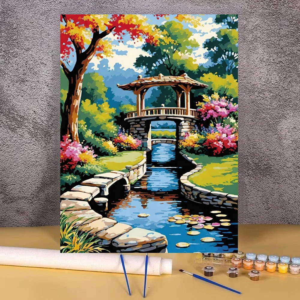 Garden Pavilion Stream Water Floral Landscape Oil Painting By Numbers Modern Wall Decor for Living Room Gift No Frame