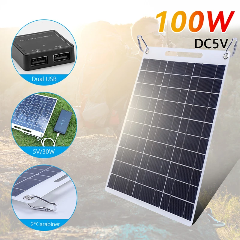 100W Solar Plate 5V Waterproof Solar Panel Portable Dual USB Solar Battery Charger Outdoor Camping Solar Cells Charging