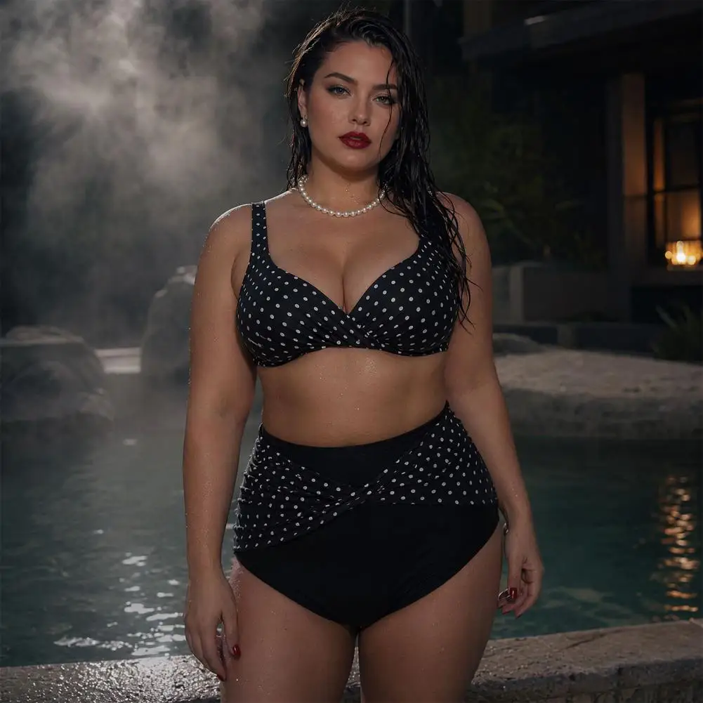 Tummy Control Swimsuit Plus Size Bikini Set Cross-chest V-neck Bra with Built-in Support High-waisted Twist Swim Bottoms Retro