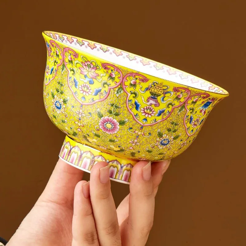 Chinese Enamel Color Bone China Bowl Ethnic Style Gold Outline High Footed Rice Bowls Household Tableware Jingdezhen Production